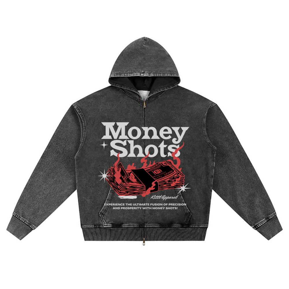 DTG Print Knitted Denim Zip-Up Hoodie Money Shots Brother Print Zipper Hoodies