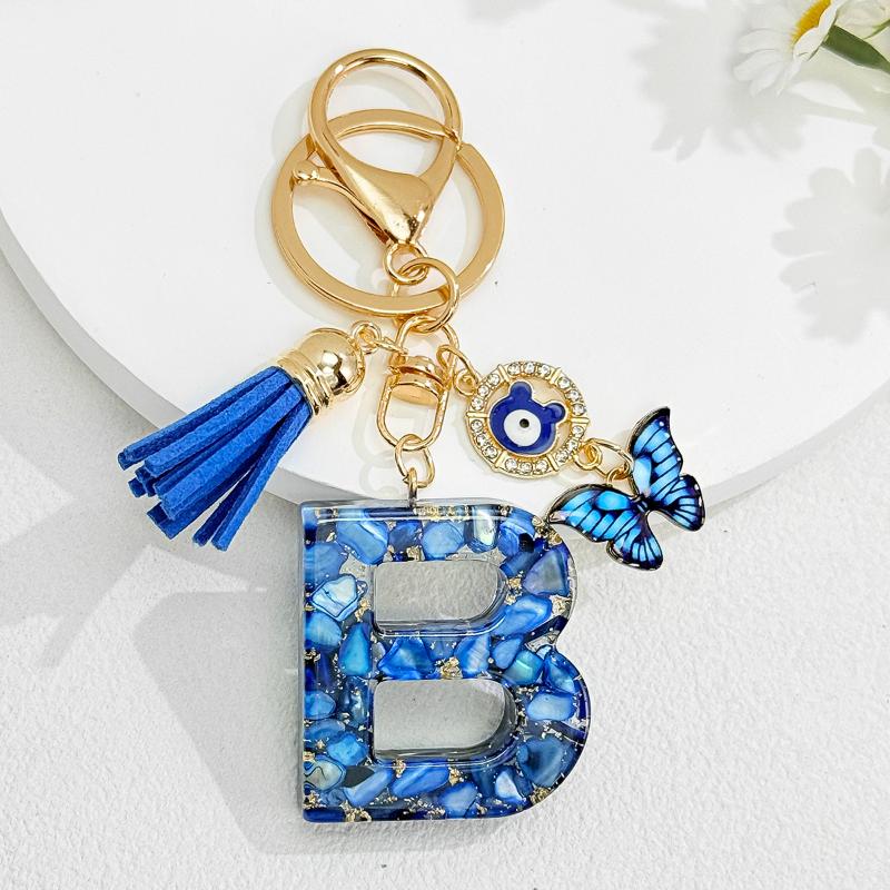 Fashion Blue Glazed Stone A To Z Letter Keychain 26 Initials Alphabet Butterfly Tassel Pendant Car Keyring Women Jewelry Gifts