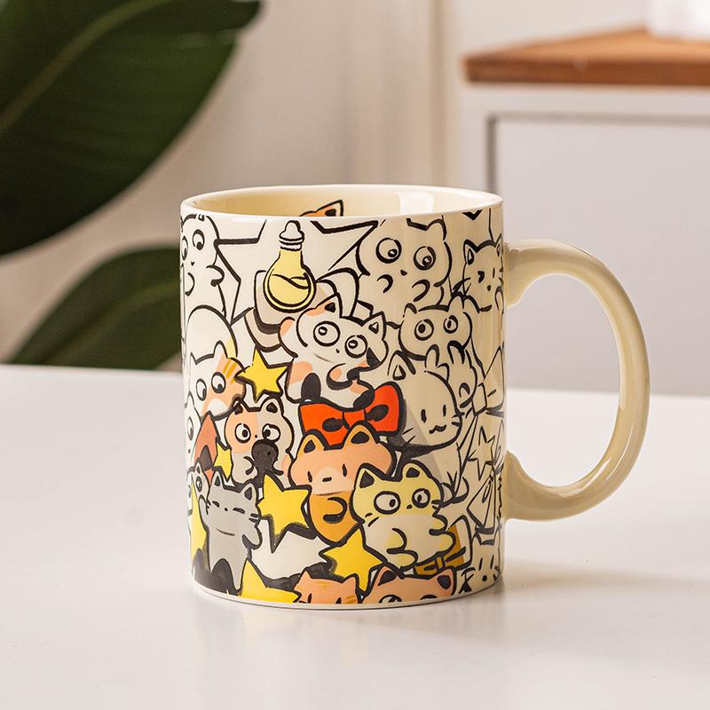

Creative Graffiti Ceramic Mug Gift Set, Cute Kitten Couple Tea Cup, High Beauty Coffee Mugs with Lid Spoon, Festival Gift Cups 350ml