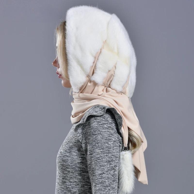 Mink Fur Hood Hats for Women Winter Warm Luxury Full Pelt Mink Fur Scarf Hat Stylish Fashionable Genuine Female Outdoor Snow Hat