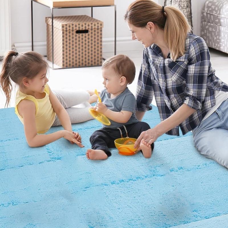 10pcs Plush Foam Floor Mat Prevent Slip Cuttable Thickened Interlocking Carpet Tiles For Bedroom Light Blue