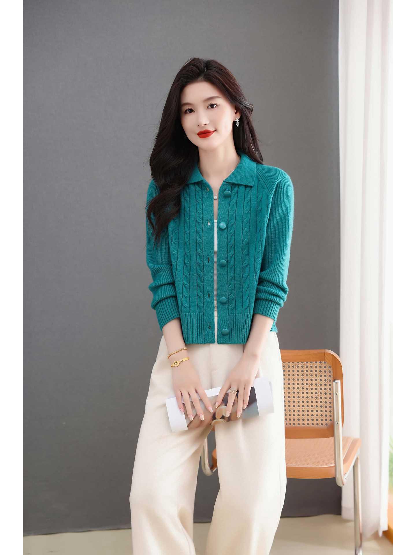 

Women s Woolen Cardigan: Slim Fit Solid Color Sweater - Versatile, Warm Outerwear XL зелёный