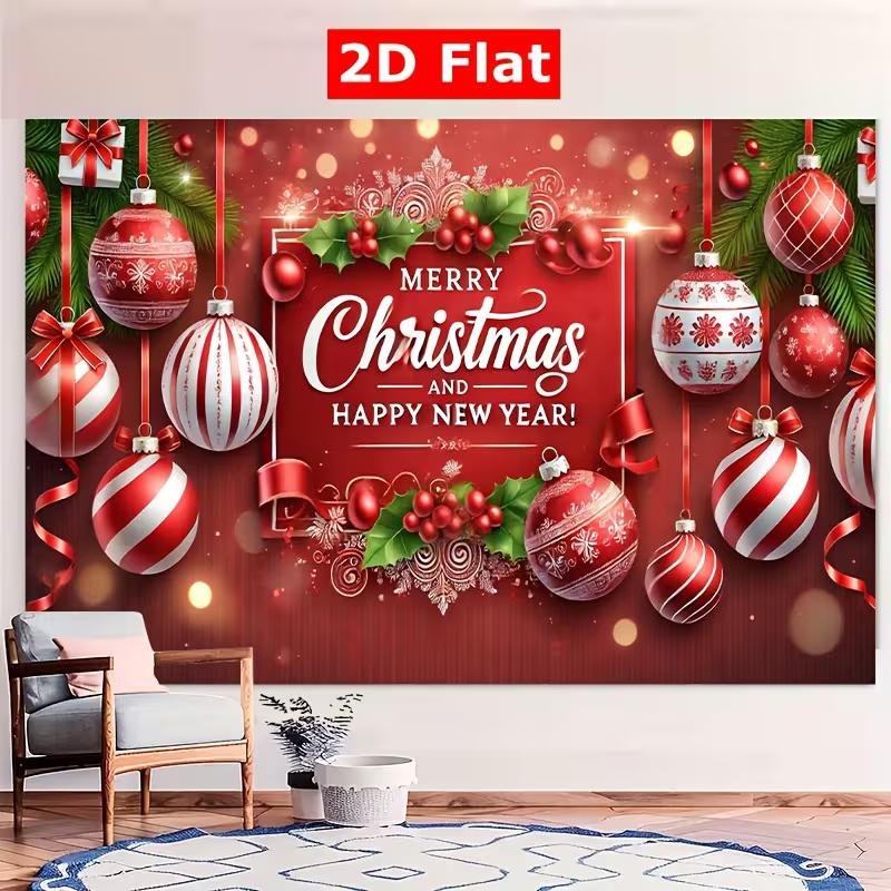 2D Merry Christmas Happy New Year Backdrop Red Ball Ornament Photo Booth Banner