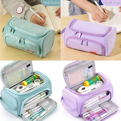 Multifunctional Pencil Case Large Capacity Double Layered Pen Case Multiple Compartments Canvas Pen Pouches for Student