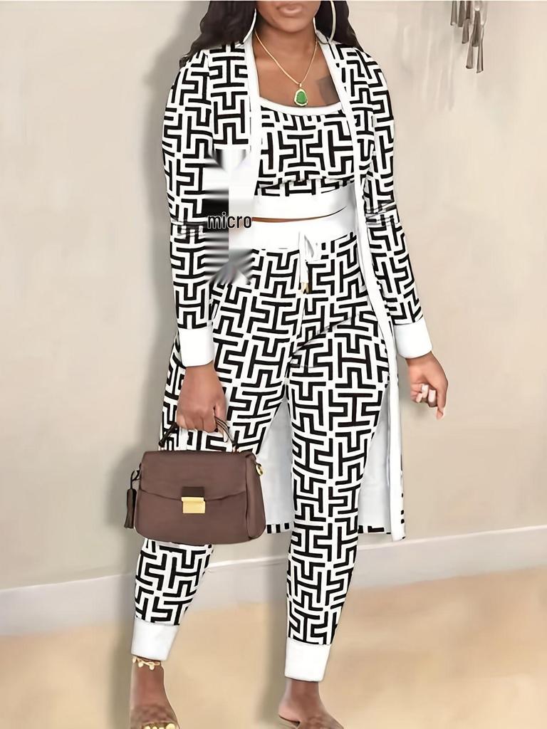 Autumn Winter Women's Printed Coat and Trousers Three-Piece Set
