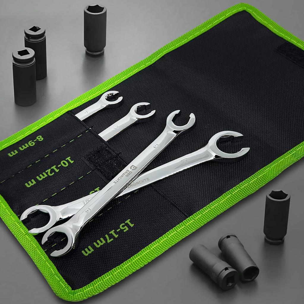4-Piece Flare Nut Wrench Set, Offset End Spanner Metric 8 9 10 12 13 14 15 17mm, CR-V Steel Storage Pouch Repair and Remove Nuts on Fuel Tube Hose