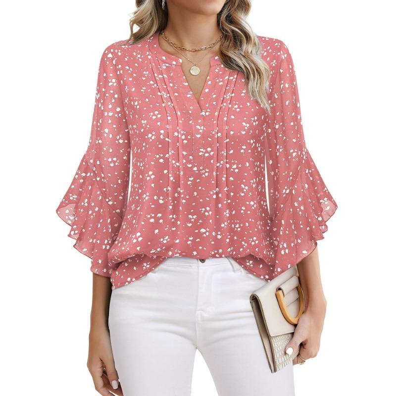 Top s rukávy sedm osmin z lotosového listu, jednobarevný, módní, ležérní, volný výstřih do V, businessové šifonové košile, dámské halenky a košile