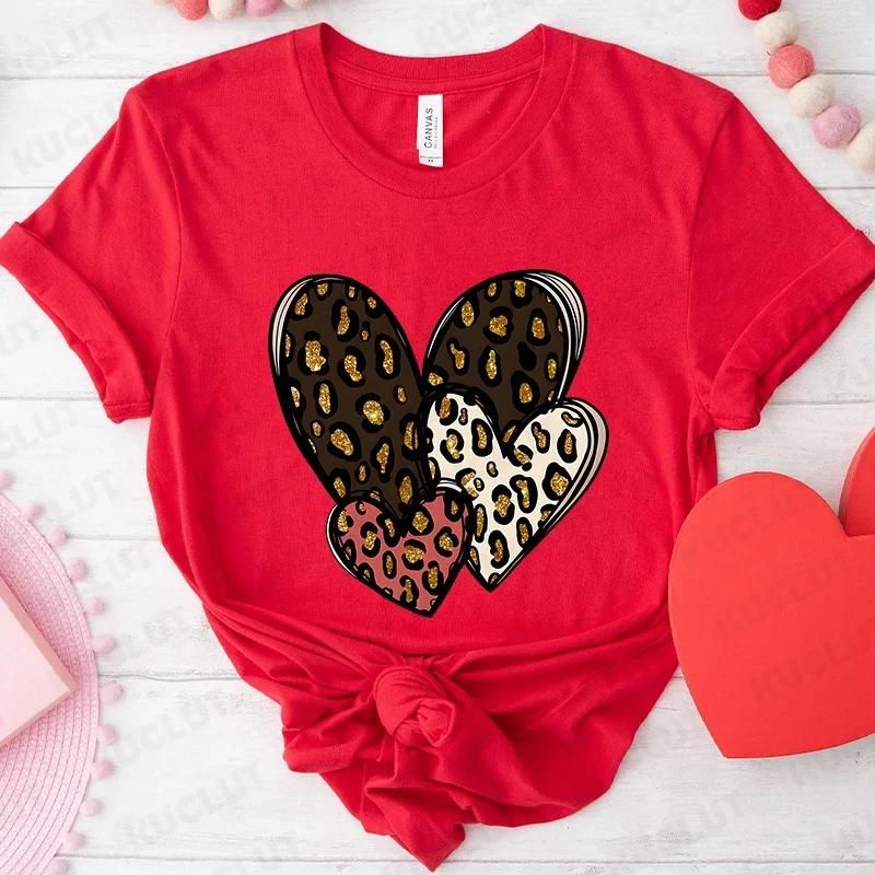 Fashion Unisex Tshirts Leopard Love Heart Print Tops Short Sleeve Clothing Ladies Harajuku Valentines Day Female Clothing
