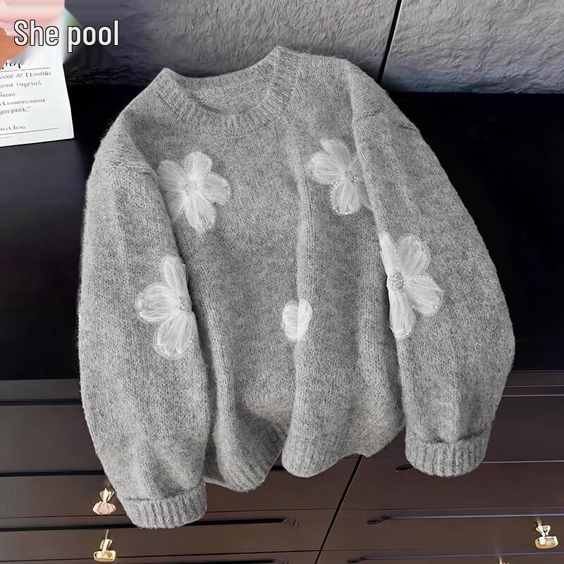 

Женский вязаный свитер из смесовой шерсти с 3D цветочным узором One Size