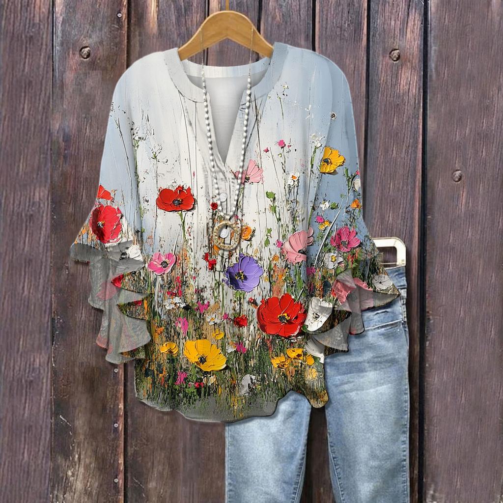 Damen Boho Patchwork Blumenbluse, Buntes Rüschenärmel Casual Top, Leichte Sommer Tunika