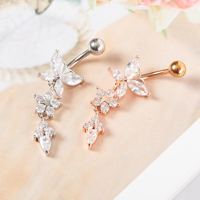 Glänzender Schmetterling Blumen Zirkon Anhänger Bauchnabel Ring Körperschmuck