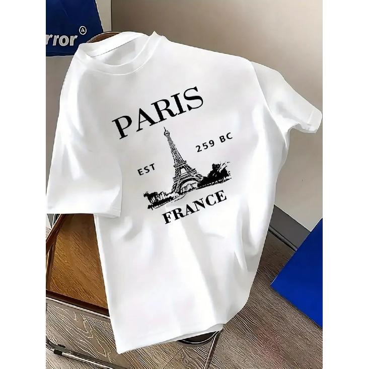 Men'S Vintage Paris Graphic T-Shirt - Eiffel Tower & Paris Text Design, Loose Fit Crew Neck Tee, Breathable Everyday Shirt for Casual & Formal