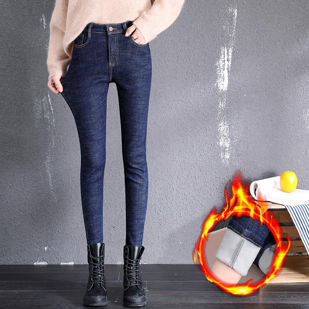 Women Fashion Soild Plush Jeans High Waist Thickened Tight Fitting Sweatpants Warm Casual Pants