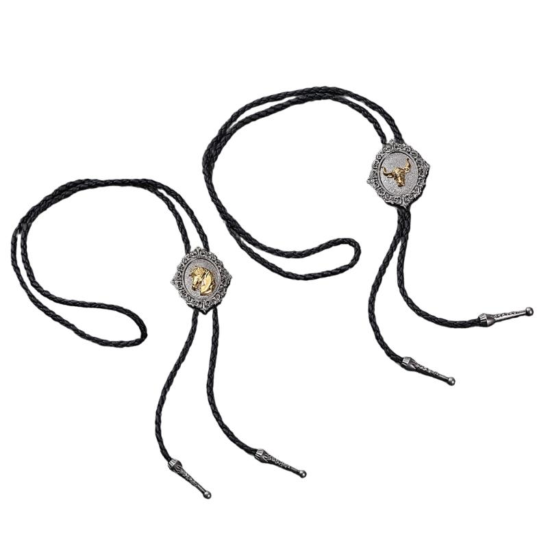 Handmade Jewelry Bolo Tie Western Cowboy Artificial Leather Rope Necktie with Vintage Cow Horse Badge Pendant Necklace