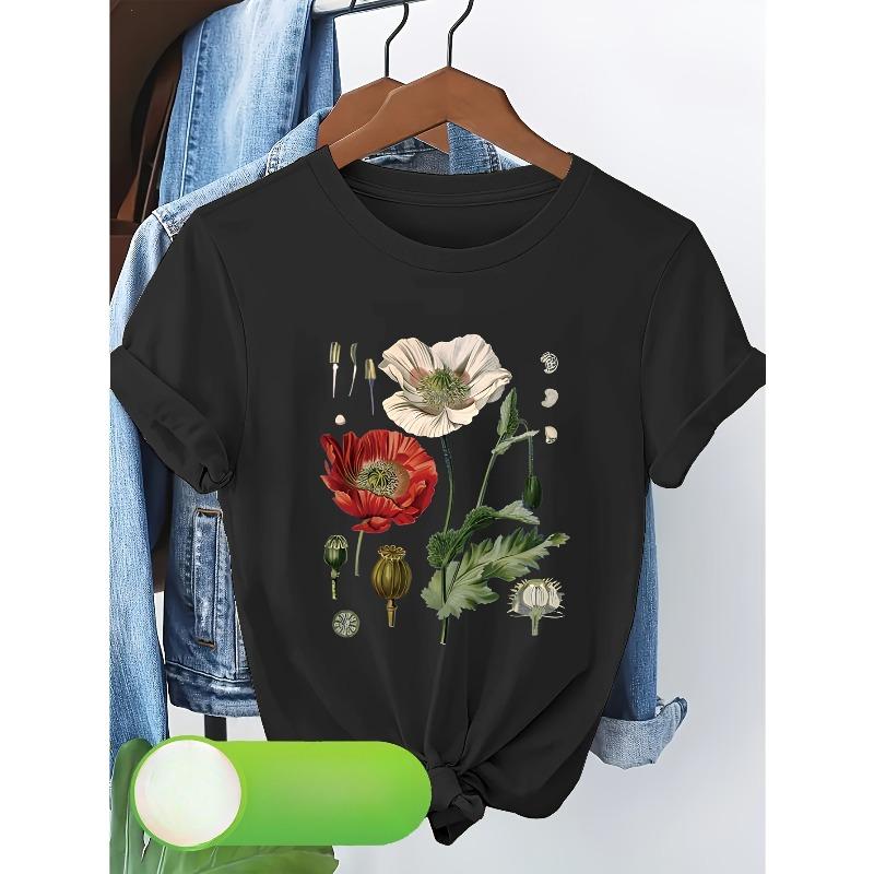 European Size Elegant Art Floral Print Women's Short Sleeve T-Shirt