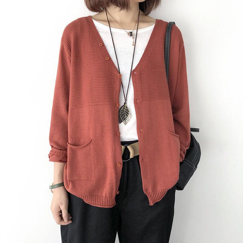 Spring and Autumn Loose V-neck Long Sleeved Knitted Cardigan Women's Top Autumn Thin Sweater Women's Coat