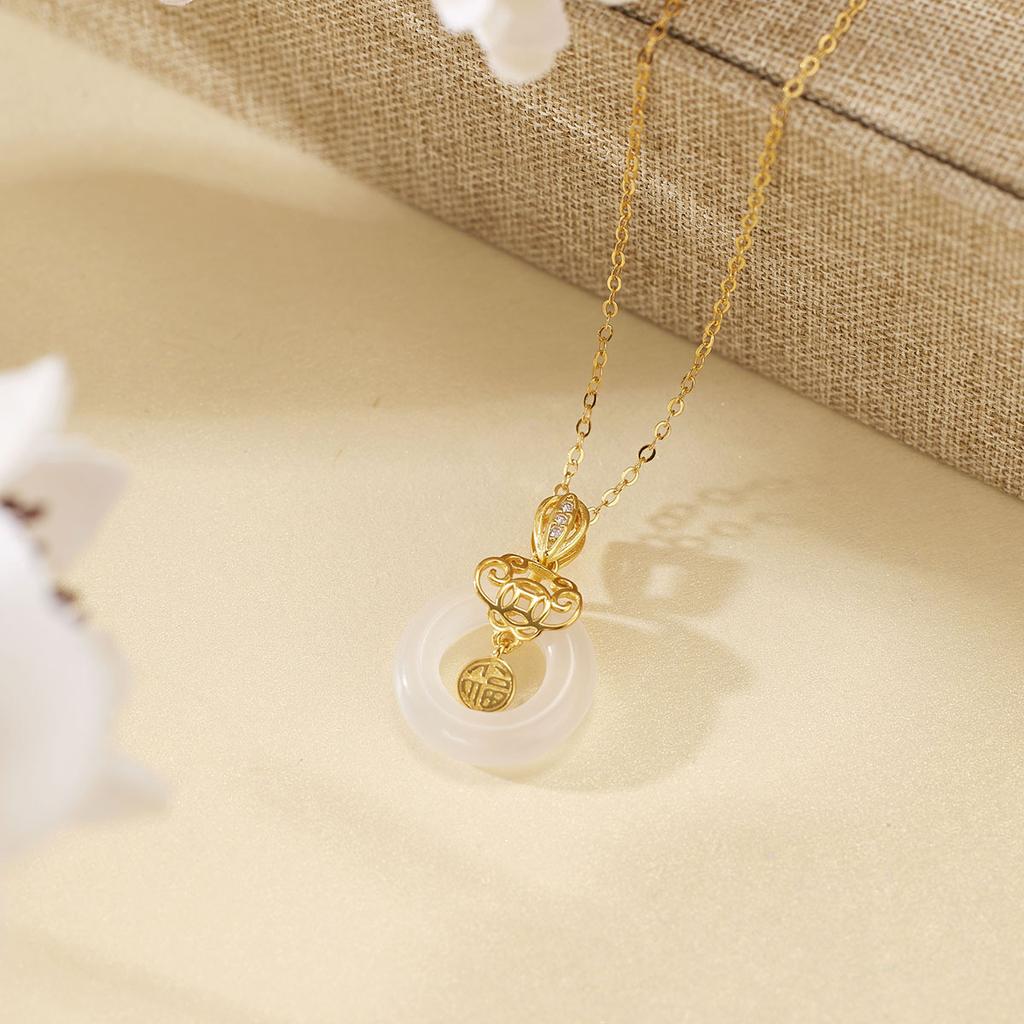 S925 silver blessing character safety buckle necklace chalcedony donut auspicious cloud pendant premium sense collarbone chain