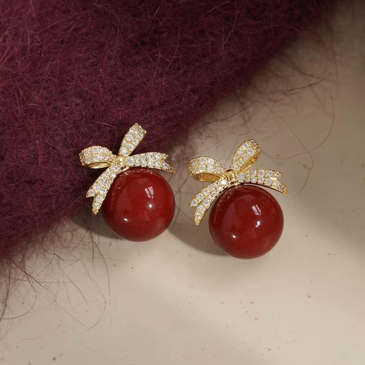 

ANENJERY Геометрические серьги с бантом из циркона и искусственным жемчугом, женские изысканные модные универсальные роскошные серьги, ювелирные подарки коричневый