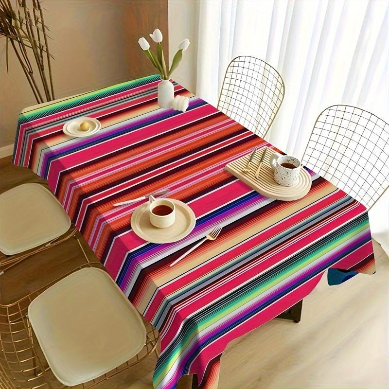 1pc Vibrant Mexican-Inspired Tablecloth - Colorful Polyester Rectangular Design with Bold Stripes & Floral Accents - Durable