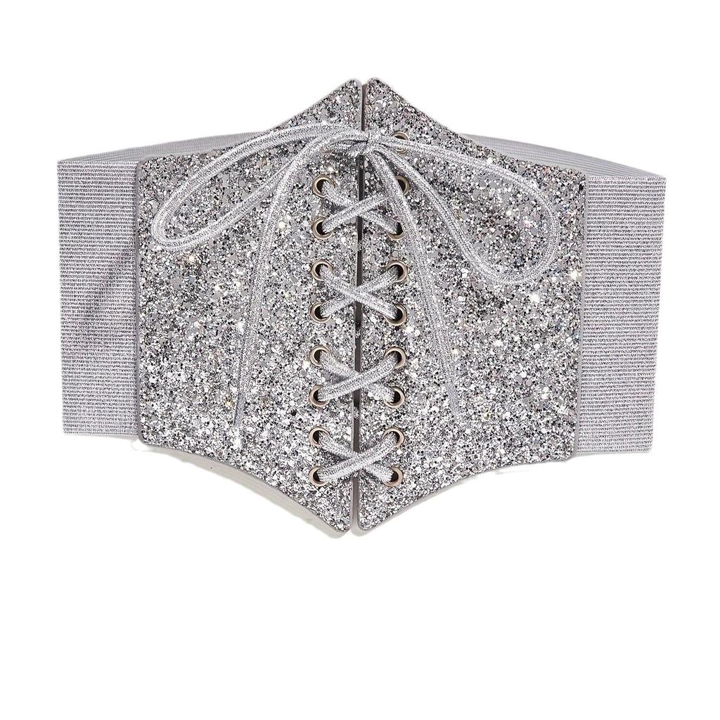 Glitter Belt Wide Elastic Elastic Waist Decoration With Dress Shirt Outer Strap Waist Seal Silver