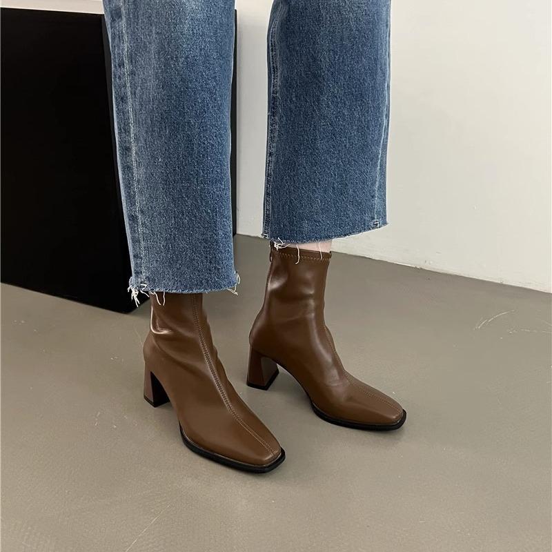 

2025 New Style Vintage Women Ankle Boots Fashion Elegant Square Toe Shoes Autumn Winter Thick Heel Women s Short Booties 35 коричневый