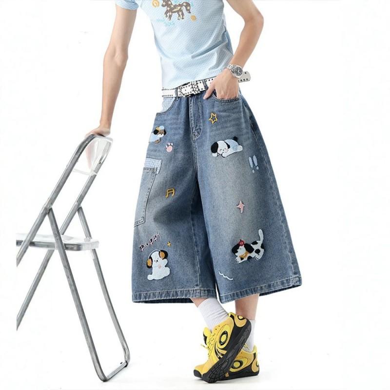 Unisex 7 Inch Denim Shorts Embroidered Dog Loose Wide Leg 2026 Casual Streetwear
