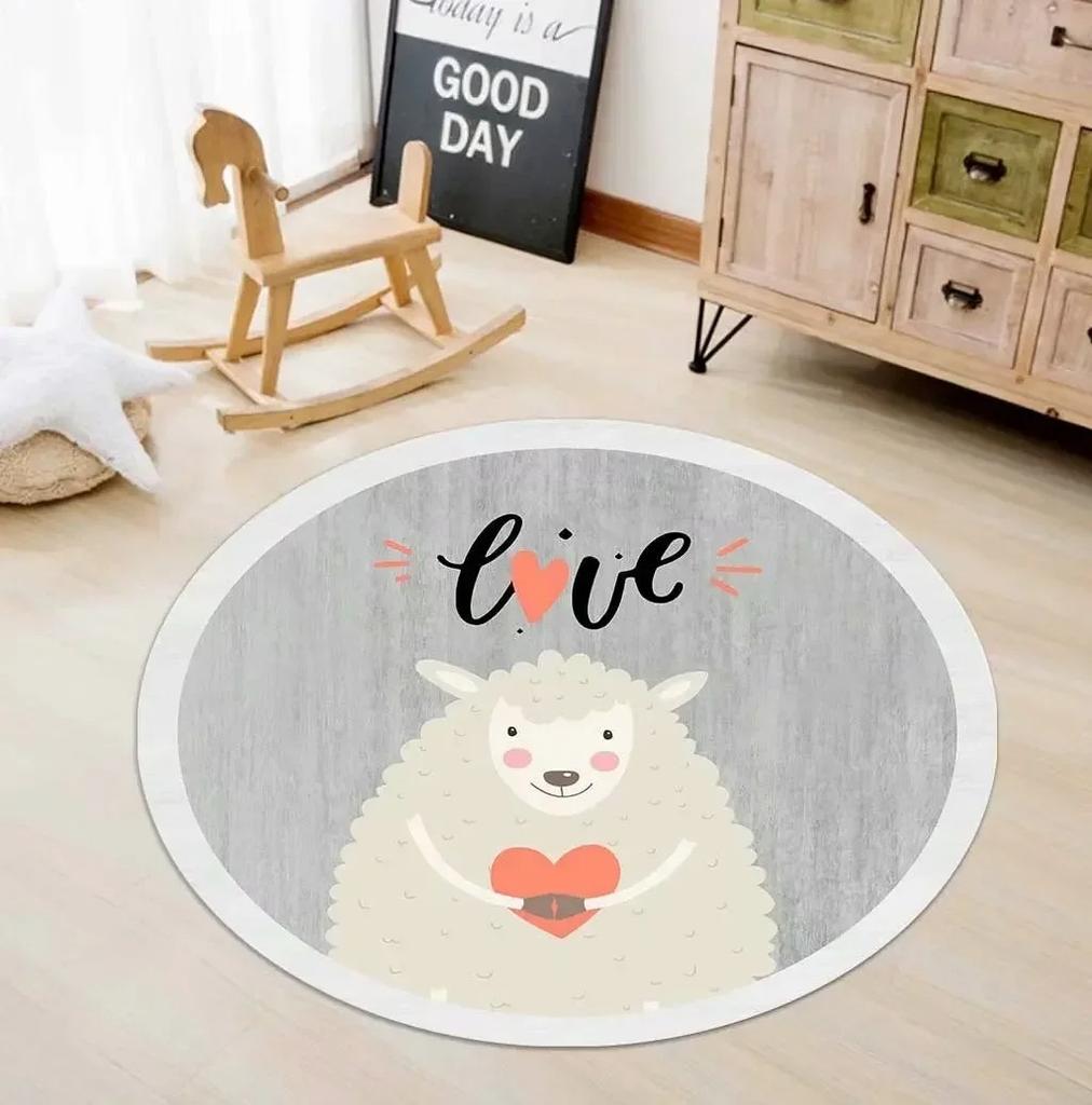 Cute Animal Patterned Round Rug with Bunny Lion Tiger Whale Sheep Designs Floor Mat for Kids Room Decor Adding Playful Charm