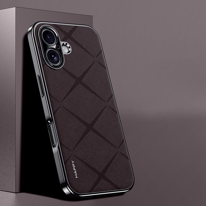 KEYSION Luxury Grid Pattern PU Leather Case for iPhone 17 Pro Max Plating TPU Camera Protection Phone Cover for iPhone 17 Air