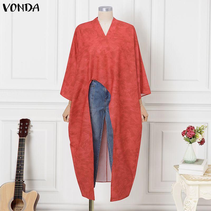 

VONDA Oversized Women V Neck Long Sleeve High Split Irregular Print Long Blouse Tops S червоний