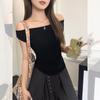 Pure Desire One-word Shoulder Swing Collar Design Short-sleeved T-shirt Women's Summer New Milk Yellow Pleated Waist Spice Girl Sleeveless Top