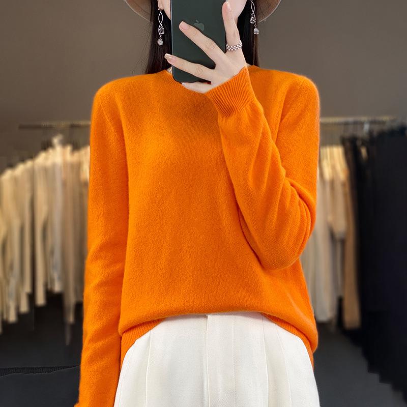 Women's 100% Pure Wool Versatile Round Neck Loose Sweater - Solid Color Knitwear