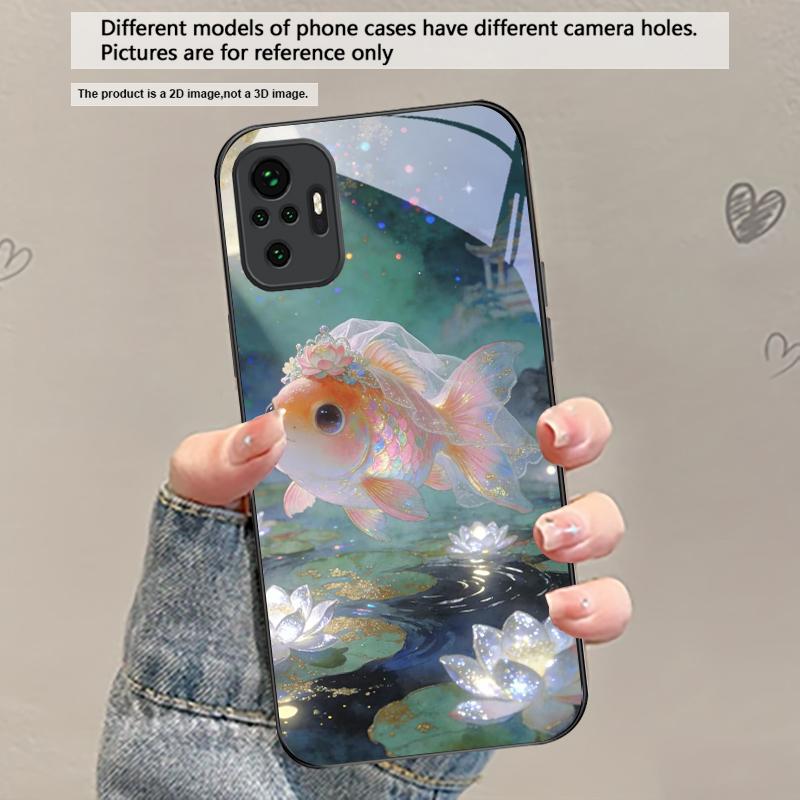 

Cute white veil goldfish For Redmi Note 14 Pro+ 13 Pro 8 9 9S 12S 10 Pro 11 12 13C 14C A3 12 13 K60 Ultra Black Glass Phone Case Redmi Note 10 Pro