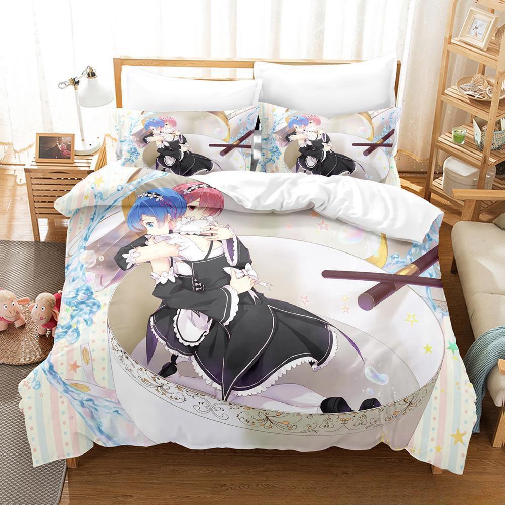 New Re Zero Rem Ram Bedding Set 3d Print Kawaii Cartoon Anime Three-piece Set Adult Kid Bedroom Duvet Cover Sets Home Textiles