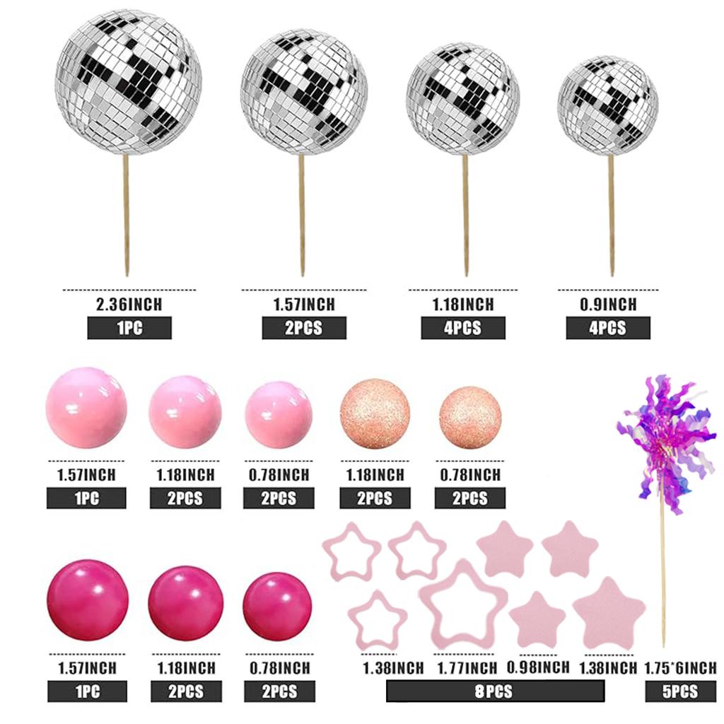 Purple Disco Ball Mirror Balls Cake Decorations with Silver Stars Cake Topper for Disco Dance Party Saturday Night Supplies
