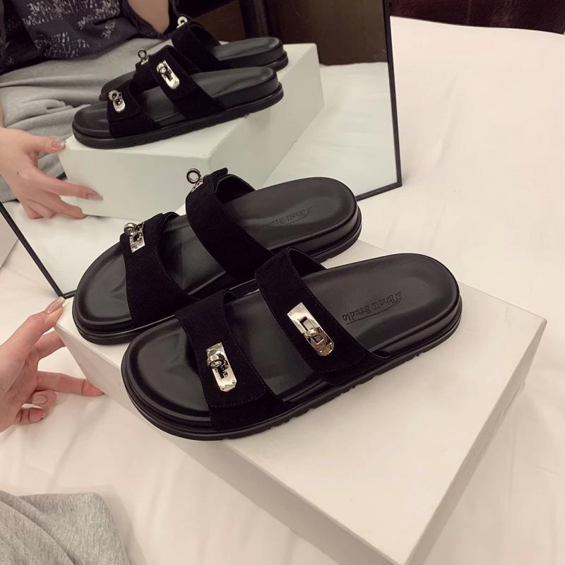 

Shoes leather metal lock double belt casual platform slippers women s sandals outside 34 чорний