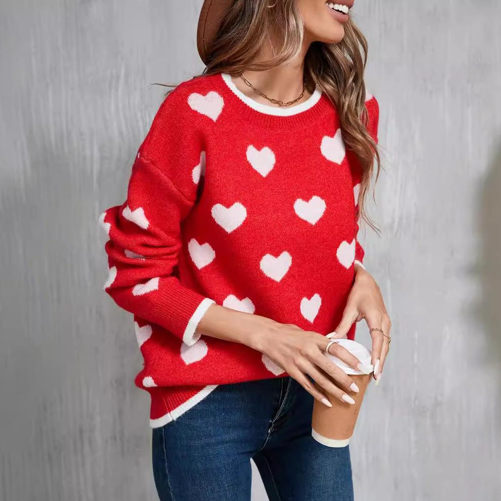 

Зимний женский свитер Love Valentine s Day Pullover Heart Color Clash Sweater XL красный