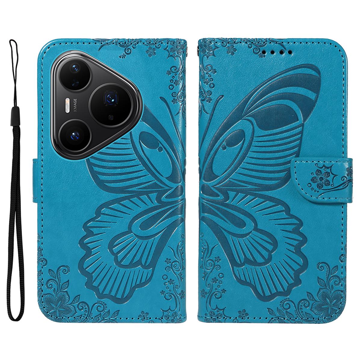 

For Huawei Pura 80 Pro+/Huawei Pura 80 Pro Case Butterfly Pattern PU Leather Folio Flip Phone Cover Blue