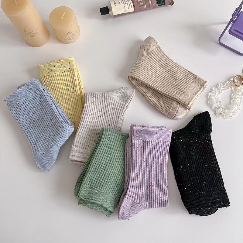 Female Spring and Autumn Pure Color Double Needle Point Yarn All Over The Sky In The Tube Pile Socks