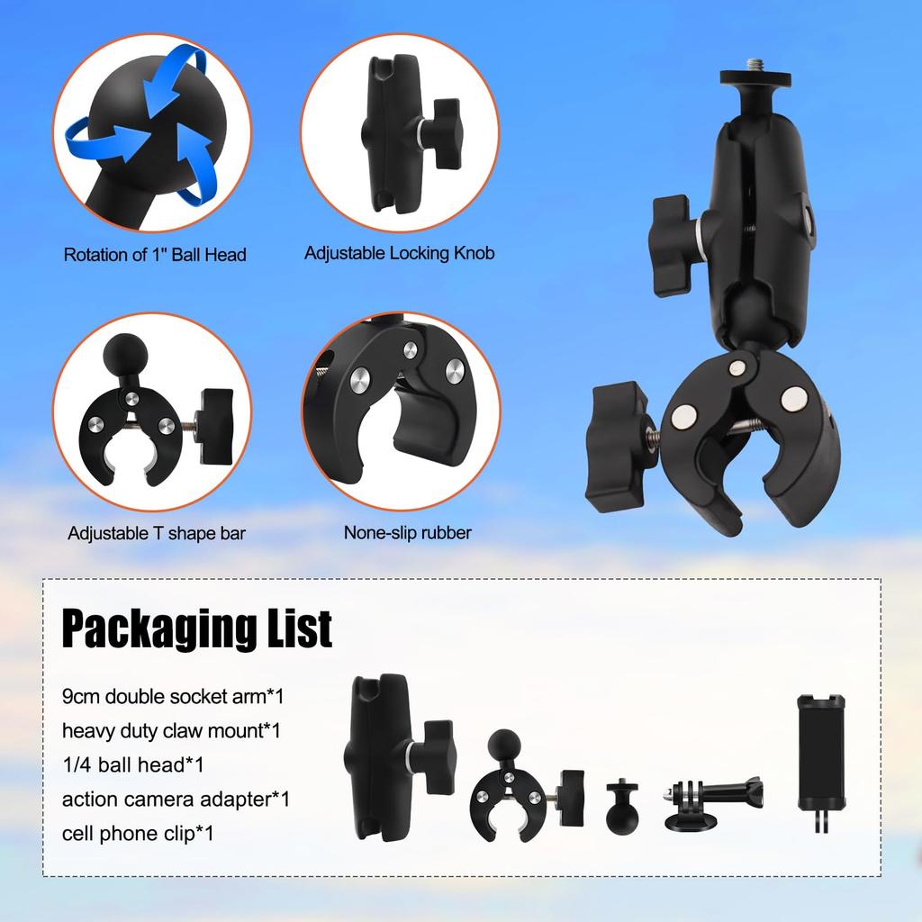 HAFOKO Motorcycle Bicycle Camera Clamp Mount Double Socket Arm Angle Adjustment Ball Head Adapter Fits Gopro AKASO DJI Action Insta Camera Smartphone