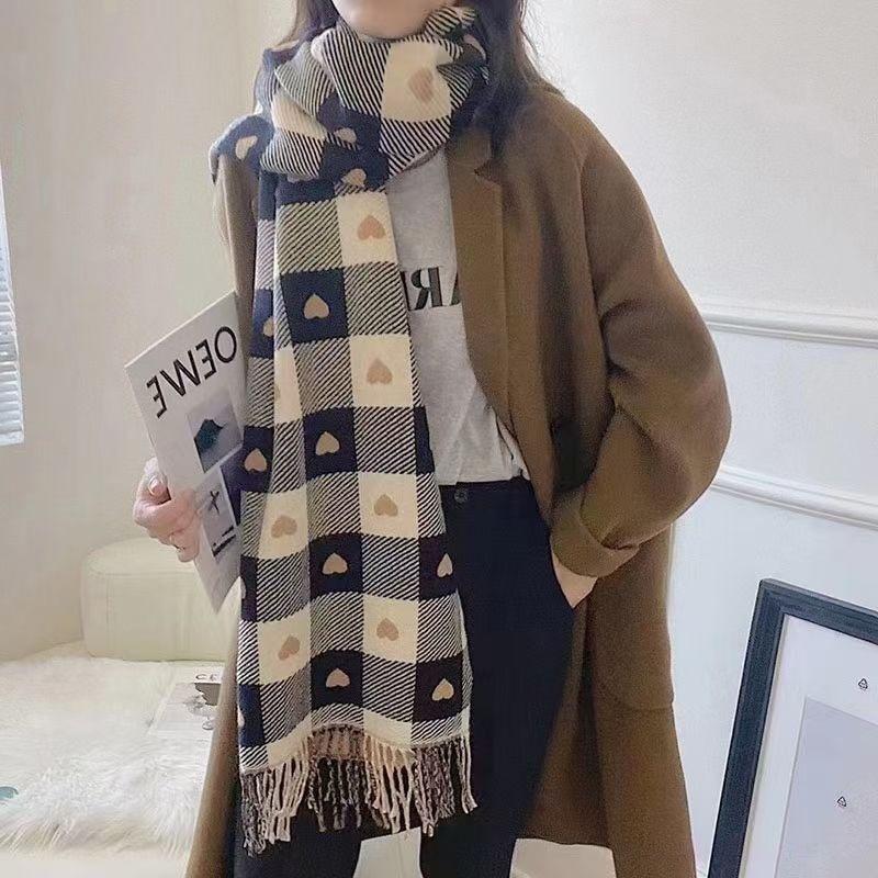 

Autumn And Winter Women S Double-Sided Love Plaid Scarf Korean Tassel Warm Shawl Versatile Thickened Scarf one size fits all