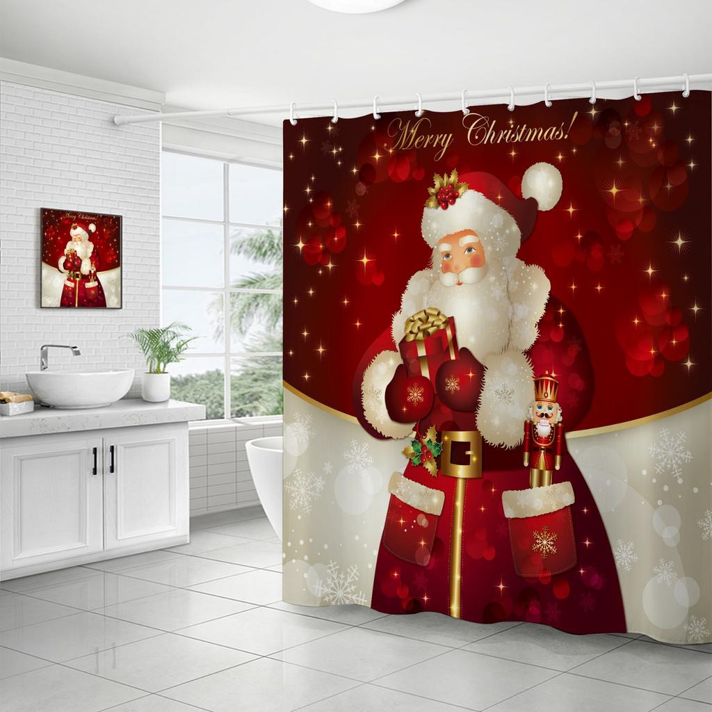 Best-Selling Christmas Digital Print Shower Curtain Waterproof, Includes Plastic C-Shaped Hooks