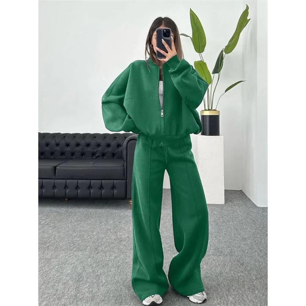 Sweatshirt Two-piece Suit Women's Casual Sets Loose Zipper-up Short Jacket Tops Straight Trousers Sports 2-piece Sets Lady