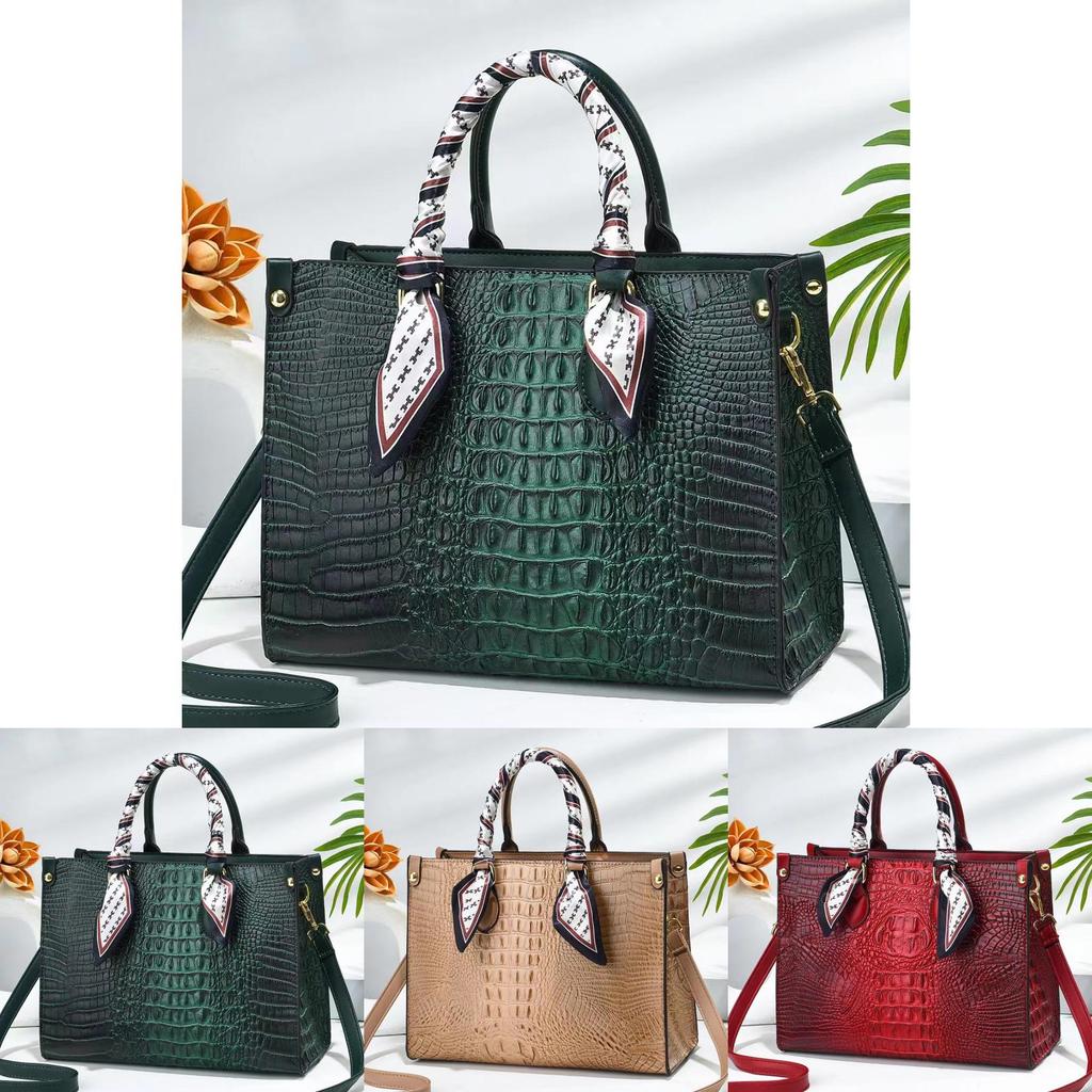 Pu Crocodile Pattern Tote Bag For Women With Zipper Closure And Multiple Pockets