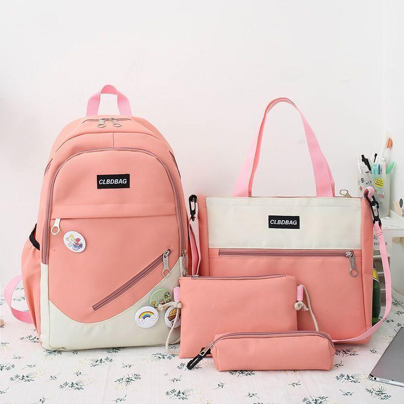 Koreanischer Canvas-Rucksack für Studenten, vierteiliges Rucksack-Set, modische Kontrastfarbe, wasserdichter Rucksack mit großer Kapazität
