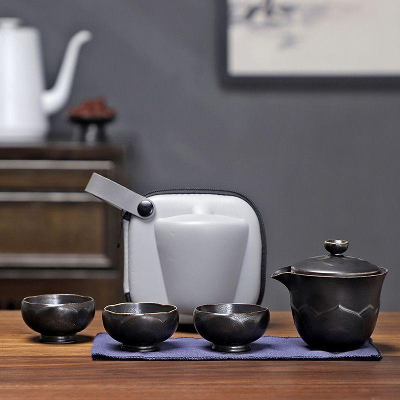 

Travel Lotus-shaped Tea Set, Portable Bag, 1 Teapot, 3 Teacups, Quick- Cup, Car-mounted Outdoor Portable Gongfu Teaware