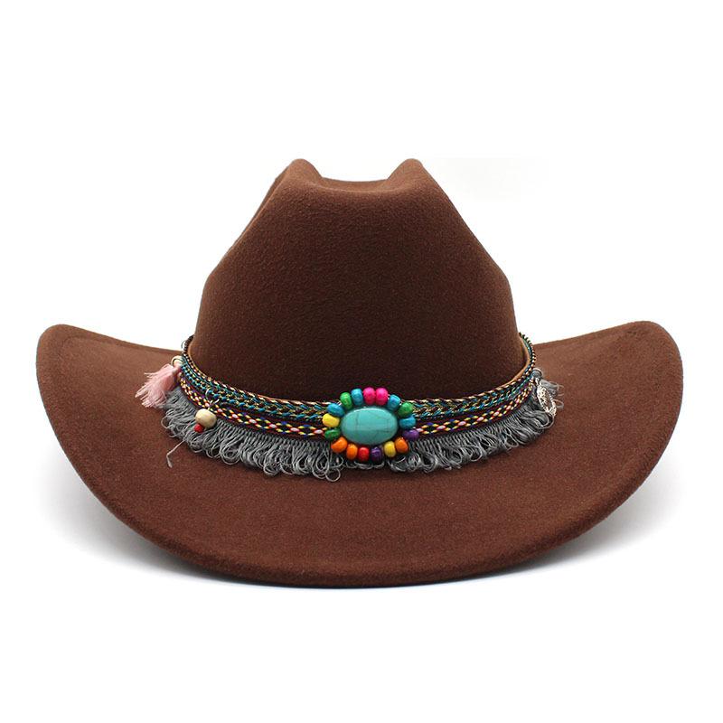 Ethnic Style One-Word Top Cowboy Top Hat, Rolled-Brimmed Felt Hat, Men'S And Women'S Outdoor Western Cowboy Top Hat, Woolen Jazz Hat