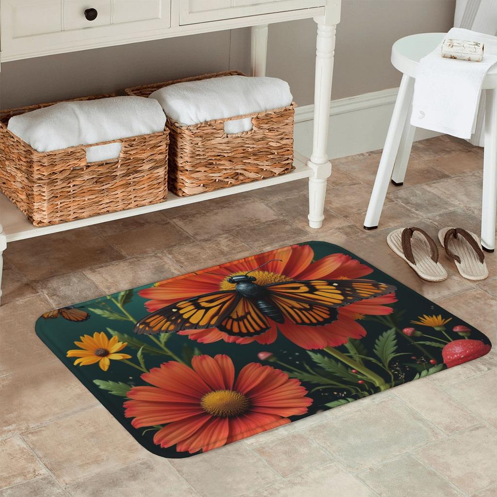 1PC Butterfly Daisy Pattern Kitchen Rug Non-Slip Door Mat Pop design Bathroom Rug Bath Mat Carpet for Home Sink Laundry Decor