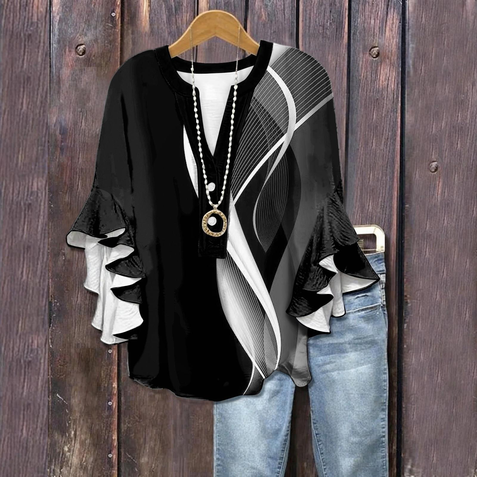 

Летние топы для женщин Милые блузки с V-образным вырезом и рукавом 3/4 Принтованный топ Повседневные рубашки S чёрный