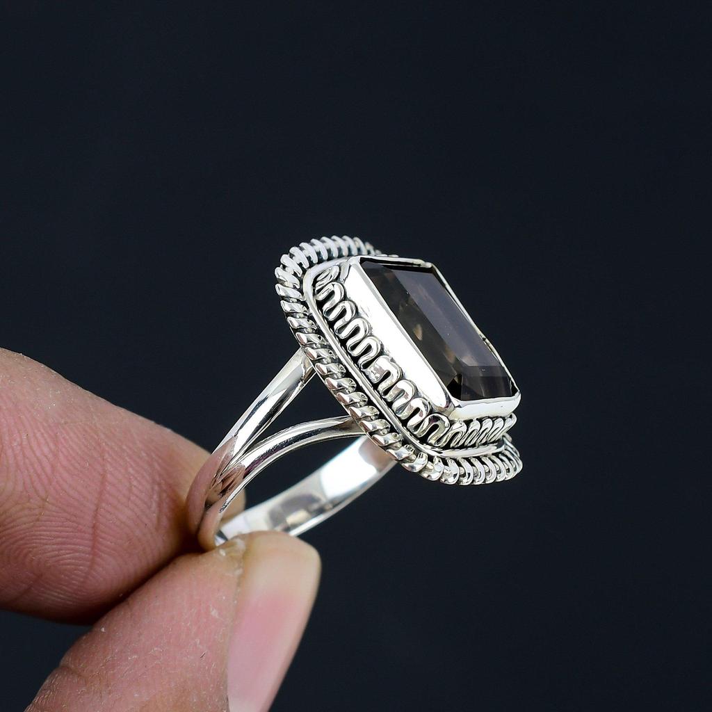 Natural Smoky Quartz 925 Sterling Silver Split Shank Handmade Ring For Women & Girls
