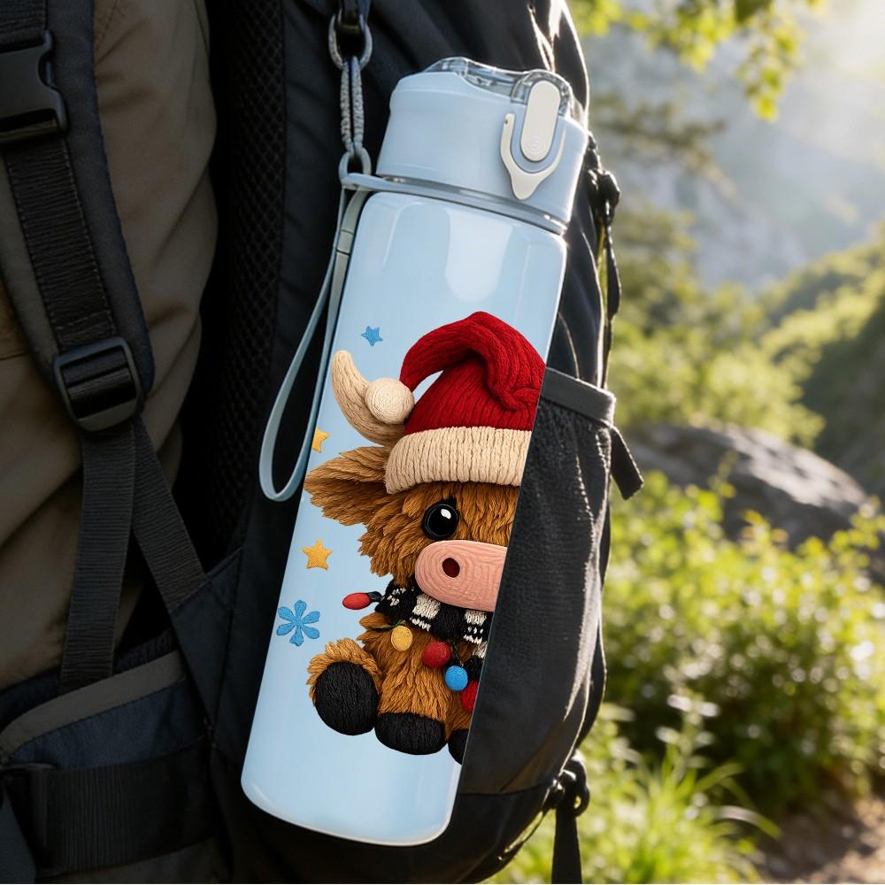 1PC Santa Hat Cute Cow 750ml Color Plastic Sports Water Bottle Leakproof Flip Straw Lid Suitable for Sports Office Home Use